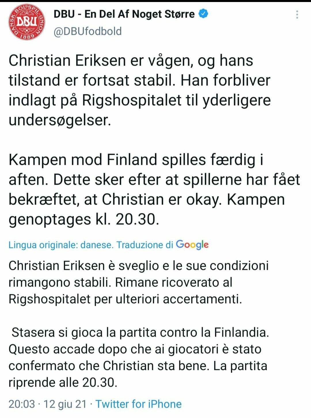 Dramma Eriksen, si riprende alle 20.30, il giocatore respira da solo